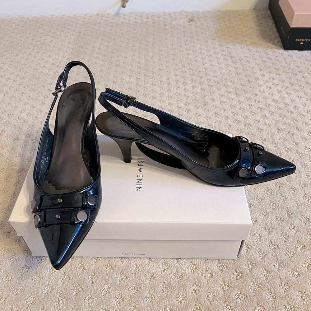 Nine West sling backs - dark blue patent leather - size 8.5